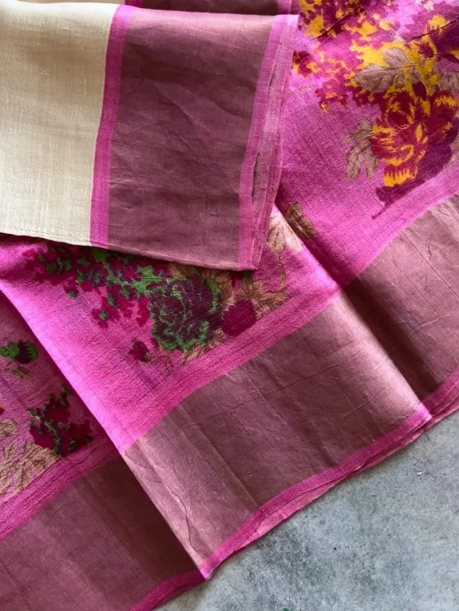Pure handloom tussar silk zari border with floral print with silk mark tag
